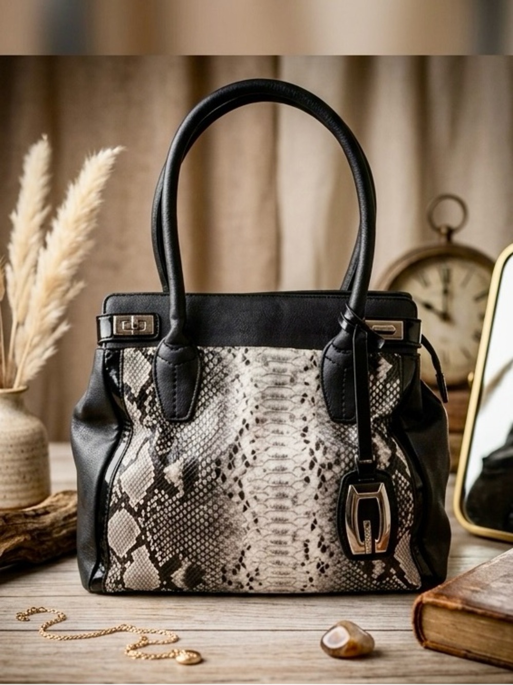 Gussaci Black & White Faux Snakeskin Shoulder Bag